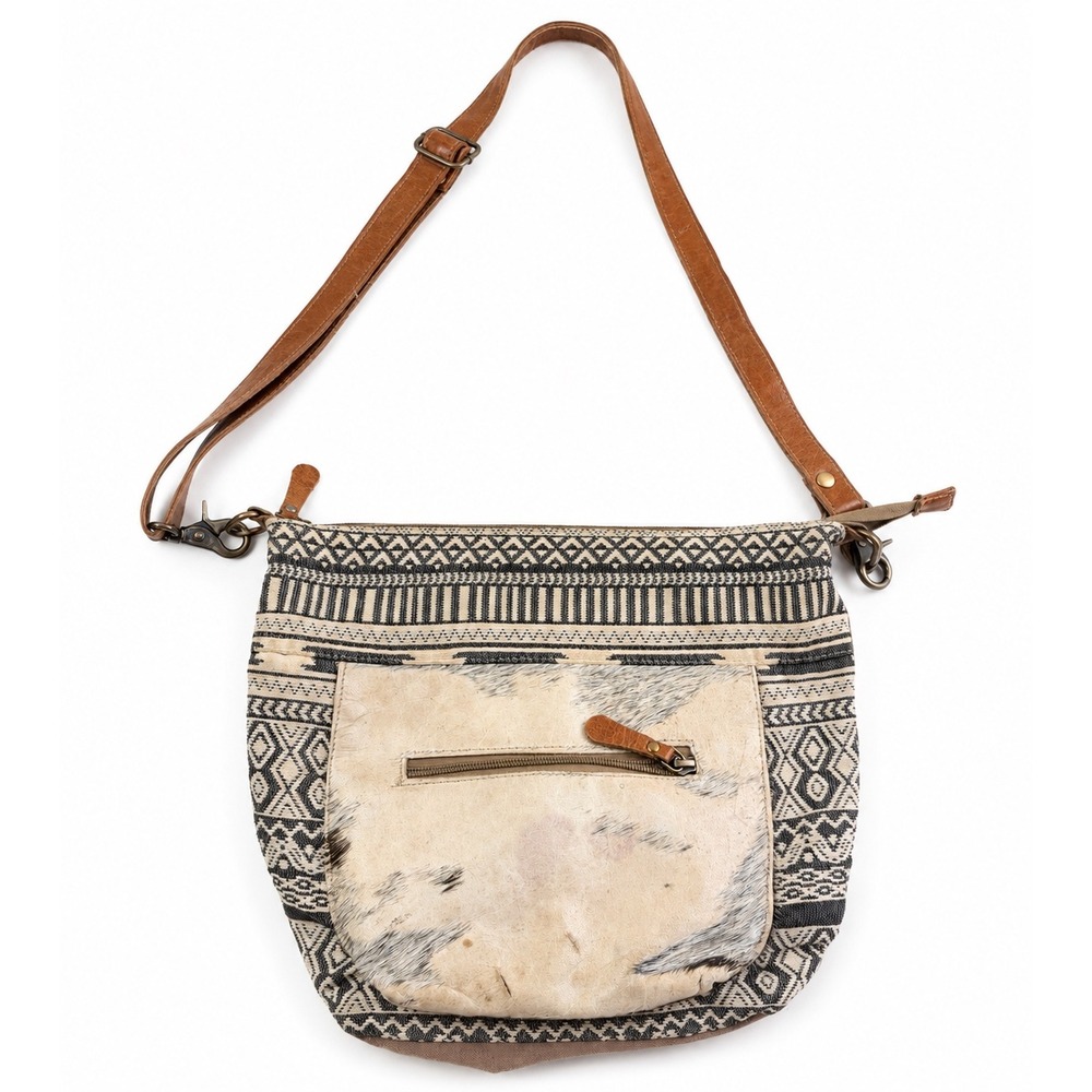 Myra Bag Vintage Y2K Boho Canvas Cowhide Brown Upcycled Shoulder Crossbody Bag